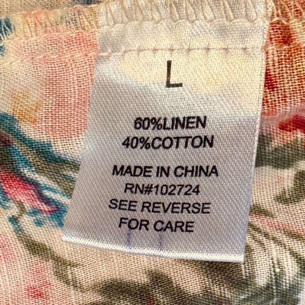 Hester & Orchard Linen Blend Floral Button Front Tie Sleeve Top L Pink Yellow - Picture 8 of 8